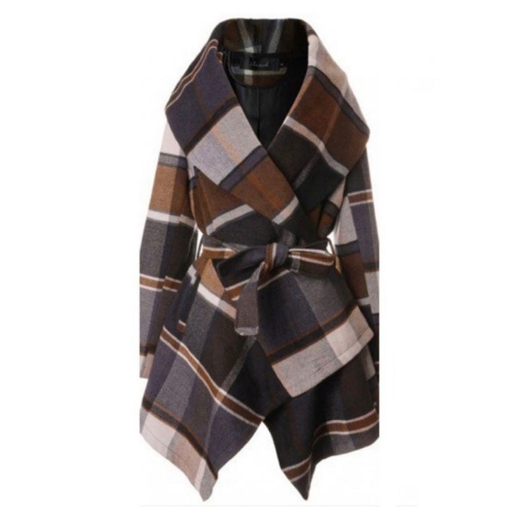 CHICWISH Women's Turn Down Shawl Collar Earth Tone plaid cape